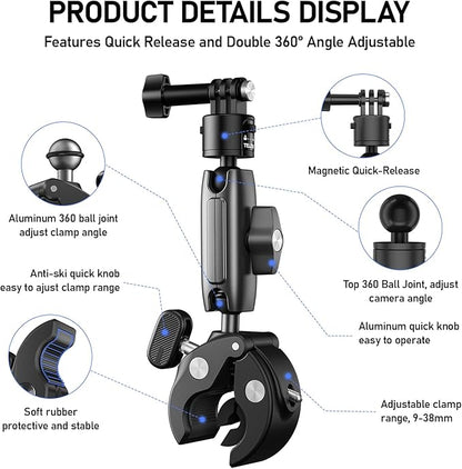 TELESIN° S2 Quick Release Clamp Bike Mount Motorcycle Handlebar Holder, Roll Bar Tube Clip Mounting Accessories for GoPro13 12 11 10 9 8 7 Go Pro Max Insta360 X3 X4 X5 Ace Pro DJI Action 3 4 Pocket 3