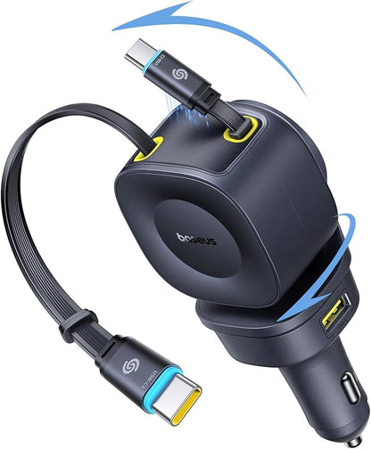 Baseus 163W Retractable Car Charger USB C Fast Charging, PrimeTrip VR2 Max 4 in 1 Fast Car Charger with Dual Retractable USB C Cable for iPhone 16 15 14 Pro Max, Samsung Galaxy S25 Ultra, Android