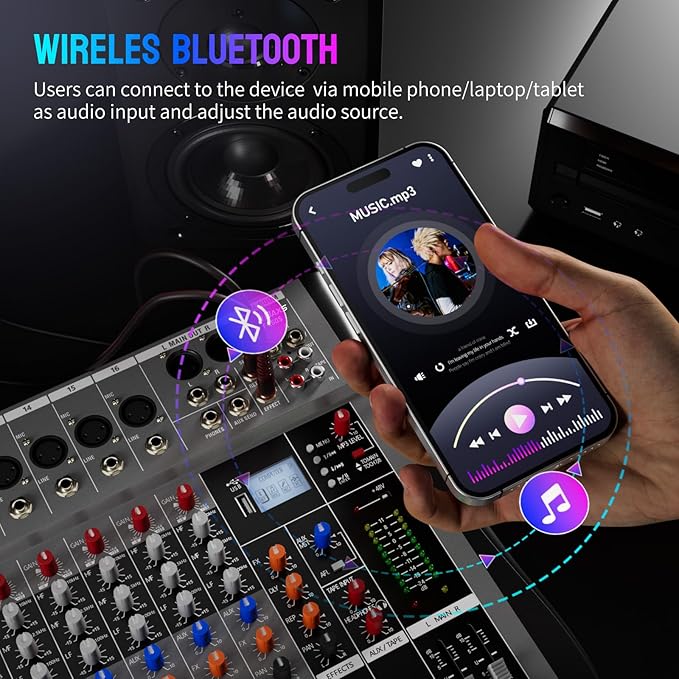 Professional DJ Audio Mixer,NEW BAXS 16 Channel DJ Bluetooth Controller Sound Mixer,USB Interface,16 XLR Mic/Line Input,AUX,FX Processor MP3 Player,+48V Phantom For Karaoke Studio Streaming Recording