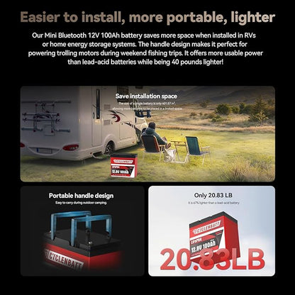 12V 100Ah Mini Bluetooth LiFePO4 Battery, 12 Volt Lithium Battery Bulit in 100A Smart BMS with Low-Temp Protection, 100Ah Lithium Battery Great for Marine, Trolling Motor, RV, Camper, Solar
