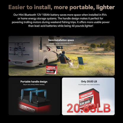 CYCLENBATT 12V 100Ah Mini Bluetooth LiFePO4 Battery, 12 Volt Lithium Battery Bulit in 100A Smart BMS with Low-Temp Protection, 100Ah Lithium Battery Great for Marine, Trolling Motor, RV, Camper, Solar