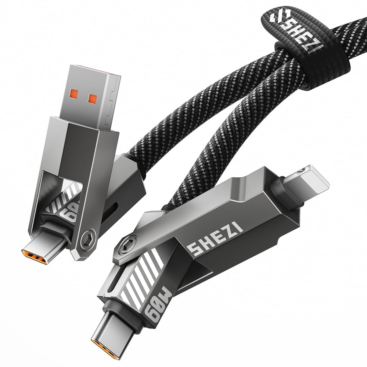 SHEZI Nylon Braided 4 in 1 USB C Cable 240W 5FT Compatible with Lightning Cable, Fast Charging for iPhone/iPad Charger Cord [480Mbps Data Sync],Multi Charging Cable with Type C/USB A, Grey