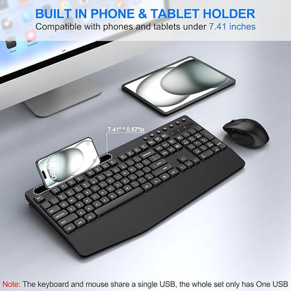 EDJO Wireless Keyboard and Mouse Combo, Full-Size Ergonomic Wireless Computer Keyboard with Wrist Rest, Phone Holder, Sleep Mode, Comfortable Natural Typing Set for Windows, Laptop, Mac, PC