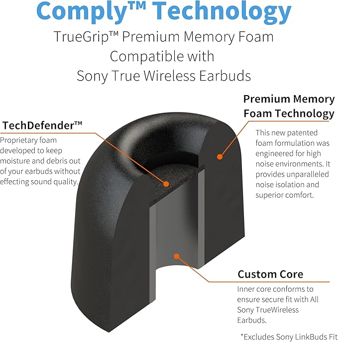 Comply TrueGrip | Premium Memory Foam Replacement Earbud Tips for Sony True Wireless Earbuds | Enhanced Comfort, Secure Fit, Superior Noise Isolation, Cleaning Tool | Black, Large (3 Pairs)
