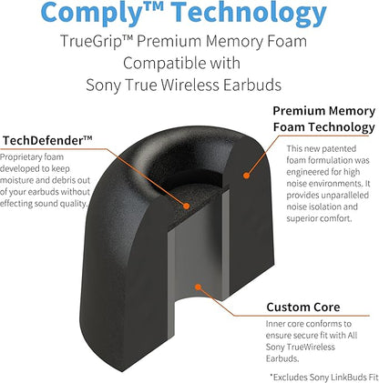 Comply TrueGrip | Premium Memory Foam Replacement Earbud Tips for Sony True Wireless Earbuds | Enhanced Comfort, Secure Fit, Superior Noise Isolation, Cleaning Tool | Black, Large (3 Pairs)
