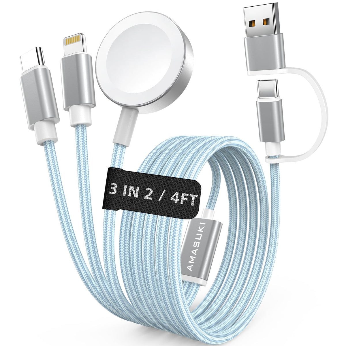 Travel Essentials,3 in 2 USB C Cable for Apple Watch Charger,iPhone Charger,Multi Charging Cable,Cruise Vacation Camping Essentials,Portable for iWatch Series 11-2/Ultra/SE & iPhone 17-12,Car,Blue