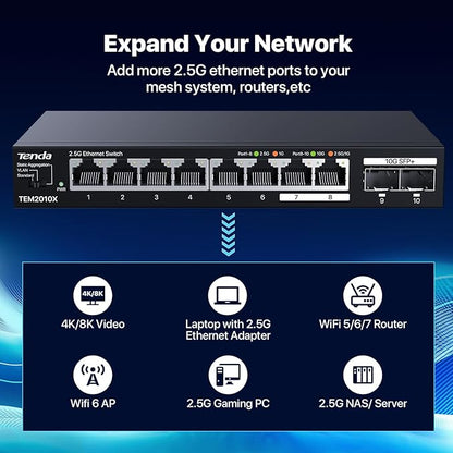 Tenda TEM2010X 8 Port 2.5G Ethernet Switch, Unmanaged 2.5Gb Switch with 8 x 2.5G Ports & 2 x 10Gb SFP+ Slots, Support VLAN & Static Link Aggregation, 80Gbps Switching Capacity, Fanless Metal Design