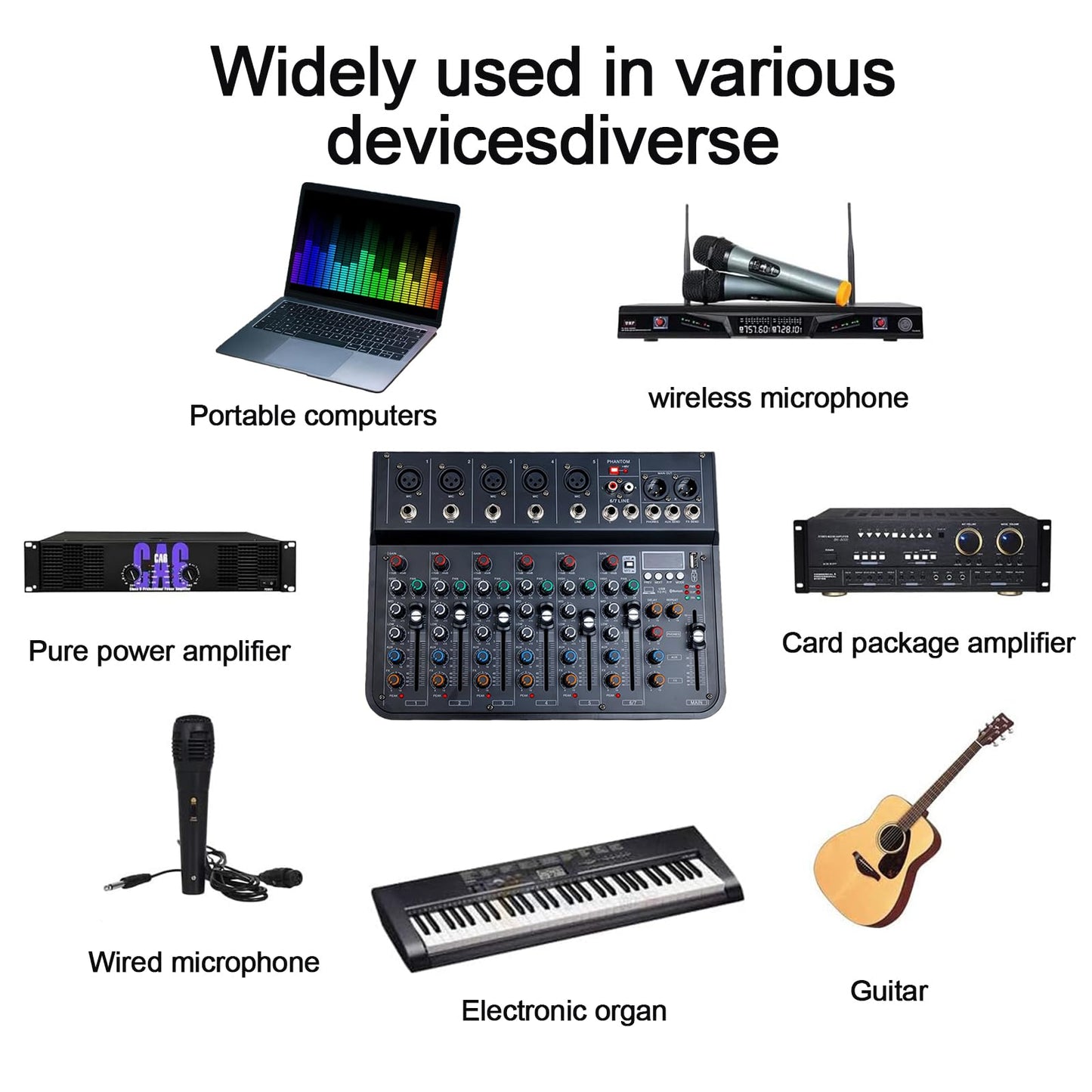 Jindaaudio 7 Channel mixer, DJ Mixer Board, Audio Sound Card with Interface Recording and 48V Phantom Power, Sounds Mixer Board with FX Reverb Delay Effect for Streaming