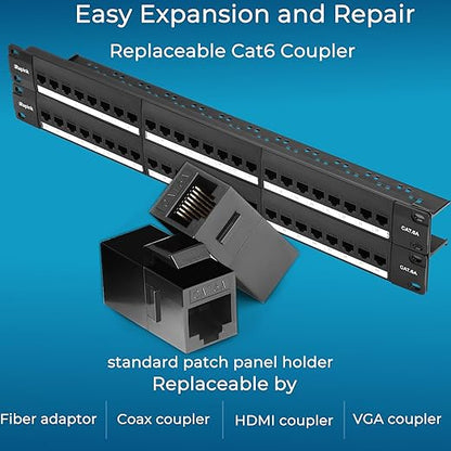 Rapink Patch Panel 48 Port Cat6A with Inline Keystone 10G Support, Pass-Thru Coupler UTP 19-Inch with Removable Back Bar, 1U Network Patch Panel for Cat6A,Cat6, Cat5e, Cat5 Cabling