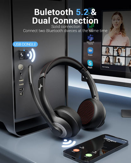 JIAMQISHI Bluetooth Wireless Headset with Mic for Work, Bluetooth 5.2, Advanced Noise Reduction Microphone, Clear Calls - Comfortable On-Ear Headphones, Applicable to PC, Laptop, Phone, Android, Zoom