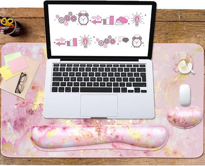 4-in-1 Large Gaming Mouse Pad, Keyboard Wrist Rest Pad & Wrist Support Mousepad Set, Extended Desk Pad Waterproof Desk Mat for Home Office Study Game-Pink Gold Marble