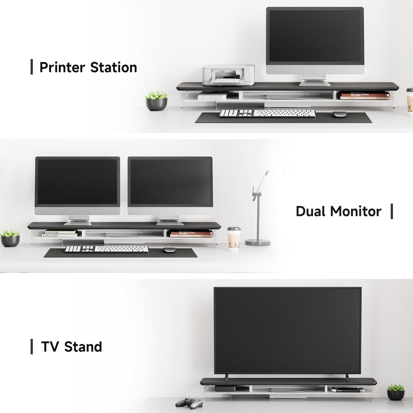Fenge 42.5" Dual Monitor Stand with Clear Acrylic Legs, Black
