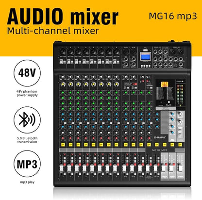 Audio Mixer Bluetooth G-MARK Professional Mixer Usb Interface Sound Board Console System 16 Channel Digital MP3 Computer Input 48V Phantom Power Stereo DJ 24-Bit SPX Effects Mixing Console