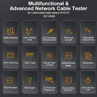 11 In 1 Network Cable Tester with 60000 Digit Multimeter 7 Wavelengths OPM 10Km/10mW VFL 600M Measurable Length 100 Records Tool Kit for CAT5 CAT6 Telephone Ethernet RJ11 RJ45 PoE Wire Tracer NCV, Red