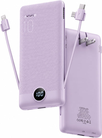 VRURC Portable Charger Built-in Cables and AC Wall Plug, USB C Power Bank 10000mAh, Travel Essentials Phone Charger Compact Lightweight External Battery Pack for Smart Phones, Tablets etc-Purple