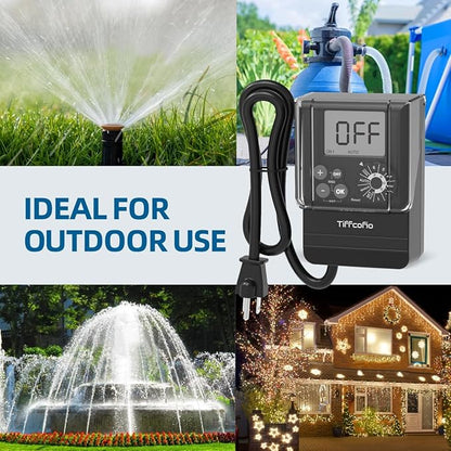 TiFFCOFiO New Digital Outdoor Timer Waterproof, Dial Programmable Method, Outdoor Light Timer with 2FT Extension Cord, 2 Grounded Electrical Outlets for Lights, 6 Sets of Programs, 20A/2500W