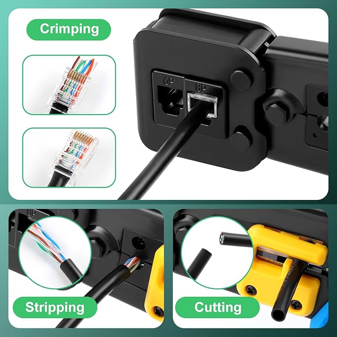 Delgada rj45 Crimp Tool with 50pcs Pass Through Connectors, for Cat6 Cat5e Cat5 Crimping Tool Kit, 50PCS Connectors, Network Cable Tester and Wire Stripper Included, for RJ45/RJ12 Regular