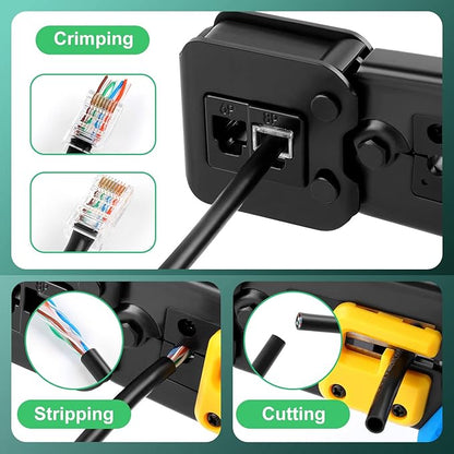 Delgada rj45 Crimp Tool with 50pcs Pass Through Connectors, for Cat6 Cat5e Cat5 Crimping Tool Kit, 50PCS Connectors, Network Cable Tester and Wire Stripper Included, for RJ45/RJ12 Regular