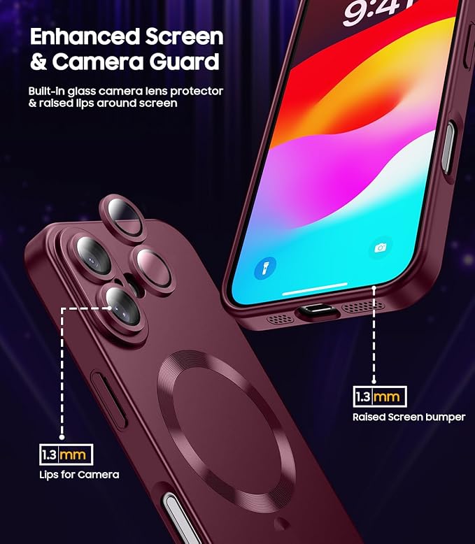 LEKEVO Magnetic for iPhone 16 Plus Case [Compatible with MagSafe][Built-in Camera Lens Protector] Slim Soft Silicone Bumper Shockproof Metallic Luster Phone Case (Burgundy)