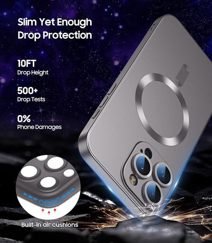 Magnetic for iPhone 16 Pro Max Case [Compatible with MagSafe][Built-in Camera Lens Protector] Slim Soft Silicone Bumper Shockproof Metallic Phone Shell (Titanium Gray)