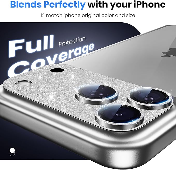 Hoerrye for iPhone 17 Pro Max Camera Lens Protector - [12FT Shatterproof Military Grade] [Strong Adsorption] Metal 9H+ Tempered Glass Camera Screen Full Cover Case Friendly,Glitter Silver