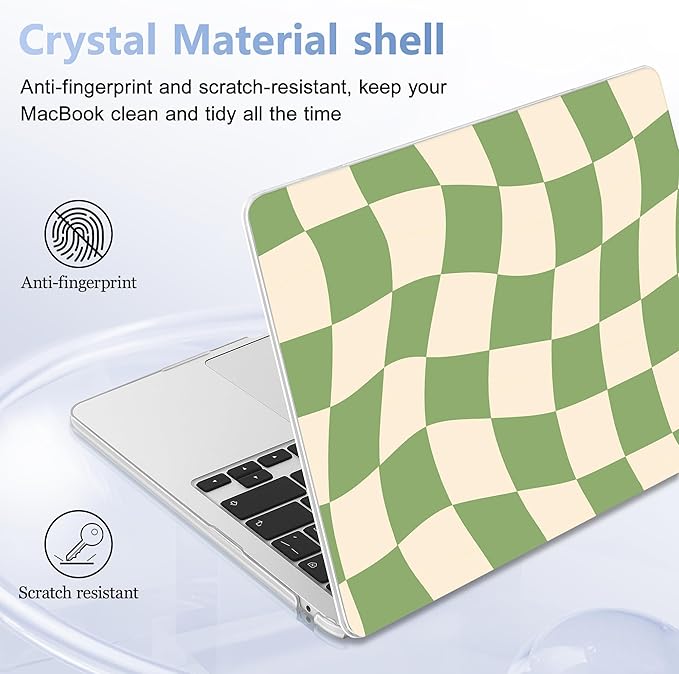 Case for MacBook Air 15 Inch 2025 2024 2023 Release M4 A3241 M3 A3114 M2 A2941, Hard Shell with Screen Protector & Keyboard Cover, Compatible with Touch ID, Green Checkered
