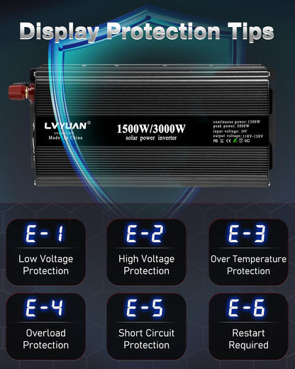 LVYUAN 1500W Power Inverter 24V to 110V DC to AC with 2 US Sockets, LED Display, USB Ports for Home Truck, Outdoor, Camping