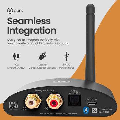 Auris Blume HD Long Range Bluetooth 5.3 Music Receiver Hi-Fi Audio Adapter with Audiophile DAC, LDAC & AptX HD for Home Stereo, AV Receiver or Amplifier