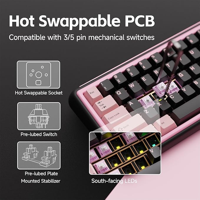 Chilkey Foxy65 Mechanical Keyboard with Knob, Gasket Mount 65% Aluminum Wireless Mechanical Keyboard, BT5.0/2.4GHz/USB-C, Hot Swappable, RGB Backlit Computer Custom Key Board for PC