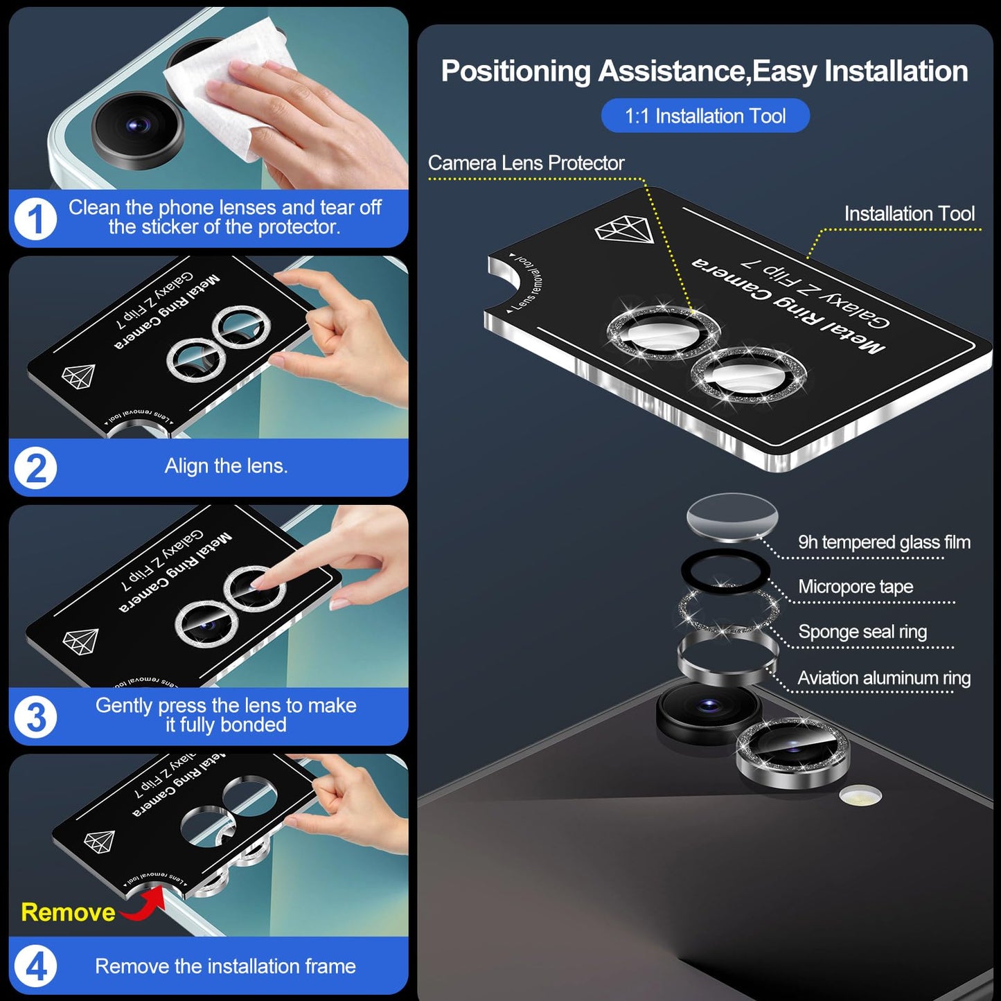 Avocase for Samsung Galaxy Z Flip 7 Camera Lens Protector, Individual Metal Ring Tempered Glass Lens Cover, [Strong Adsorption] Scratch Resistant Ultra-Thin HD Clear Lens Cover, 1 Set-Black Sparkly