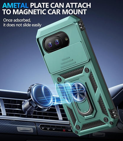 Taisairu for Google Pixel 9A Case with Screen Protector & Slide Camera Lens Cover,Built-in 360°Rotate Magnetic Ring Stand Shockproof Protective Phone Case for Google Pixel 9A Case (Green)