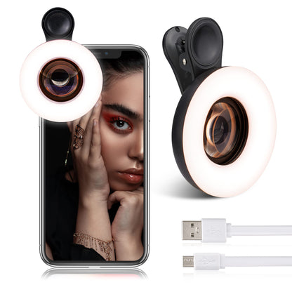 Macro Lens for iPhone and Android with Mini Clip Ring Light, Portable Rechargeable Dimming, for Smart Phone Photography, Camera Video Recording, VLOG