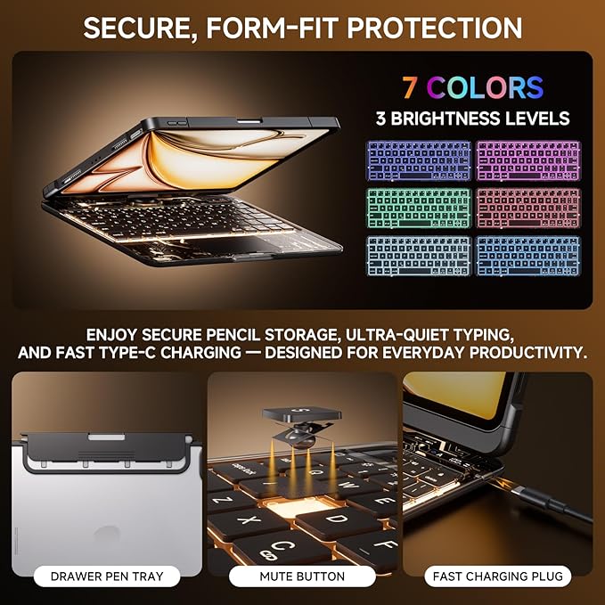 Transparent Case with Keyboard iPad Air (M3/M2,2025/2024) 11 Inch,Compatible 10.9" iPad Air 5th/4th & 11" iPad Pro 4/3/2/1,7-Color Backlit,Wireless Keyboard, 360°Rotating,with trackpad,Black