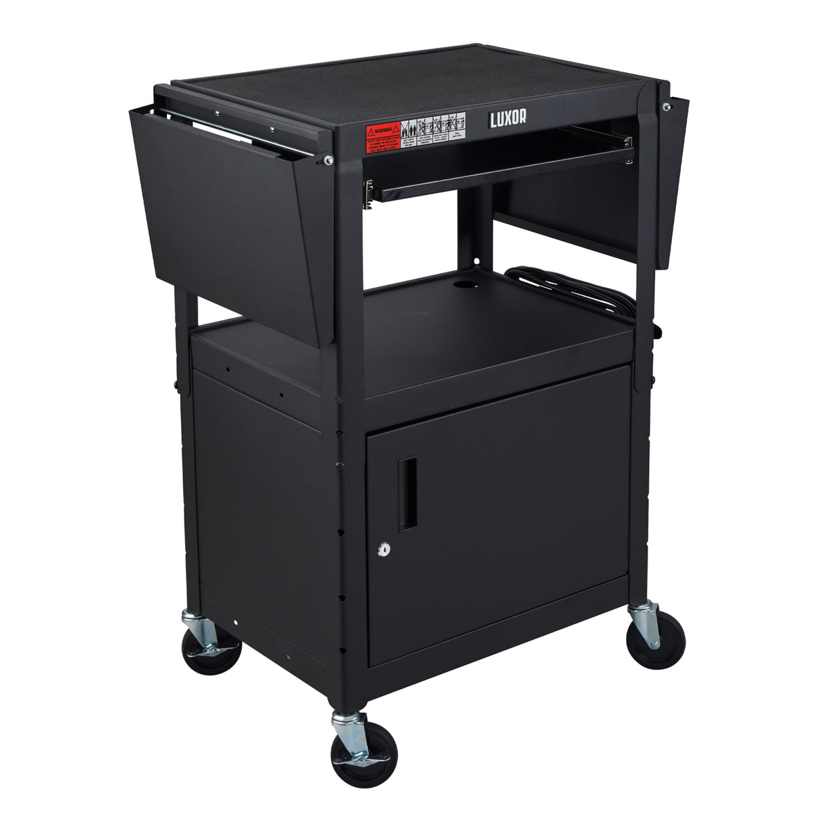 Leader Adjustable Height Rolling AV Cart, Mobile Workstation with Drop Leaf Shelves, Pullout Keyboard Tray, Locking Steel Cabinet, Power Strip for Classroom and Office Use (Black, 24-42 Inch)
