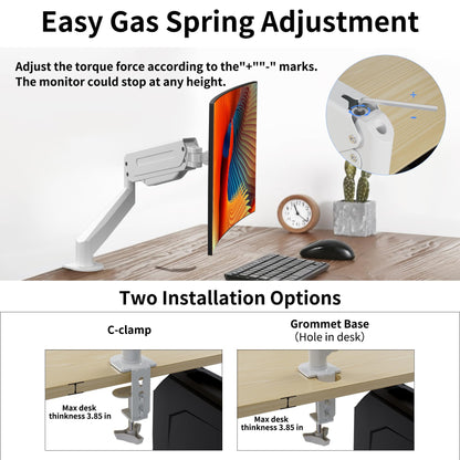 Suptek Monitor Mount Gas Spring Monitor Arm Desk Mount Fully Adjustable Fits 17 20 22 23 24 26 27 32 35 inch Monitors Weight Capacity up to 24.25 lbs, White