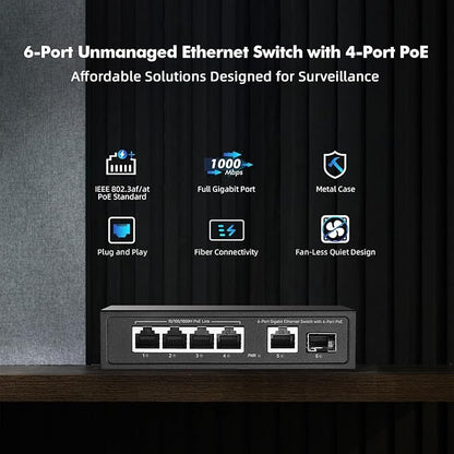 YuLinca 6 Port Mini Gigabit PoE Switch with 4 PoE+ Port, 1 Gigaibt RJ45 Uplink, 1 Gigabit SFP, IEEE802.3af/at, Max 65W, Metal Fanless Plug & Play Ethernet Switch