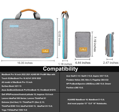 ZINMARK Laptop Case 15.6 Inch Briefcase Military-Grade Protection with Detachable Belt Bag, Compatible All Model of 15-16 Inch MacBook Pro and Most Popular 15.6 Inch Notebooks Chromebooks (Gray&Blue)