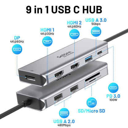 USB C Docking Station Dual HDMI Monitor Adapter 9 in 1 Triple Display Hub