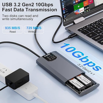 MAIWO Dual NVMe Clone SSD Enclosure, USB3.2 GEN2X2 10Gbps,Support AHCI to NVMe Clone, M.2 Duplicator Cloner for SSDs Sizes 2230/2242/2260/2280 with Indicator Light
