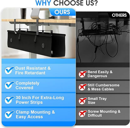 Under Desk Cable Management Tray, 30-inch No-Drill Cord Organizer with Anti-Sag Reinforced Base, Fabric Wire Management Hider for Standing Desk, Office & Gaming Accessories - Black