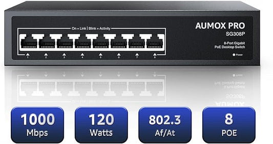 AUMOX PRO 120W 8 Port Gigabit PoE Switch Fanless Metal Unmanaged