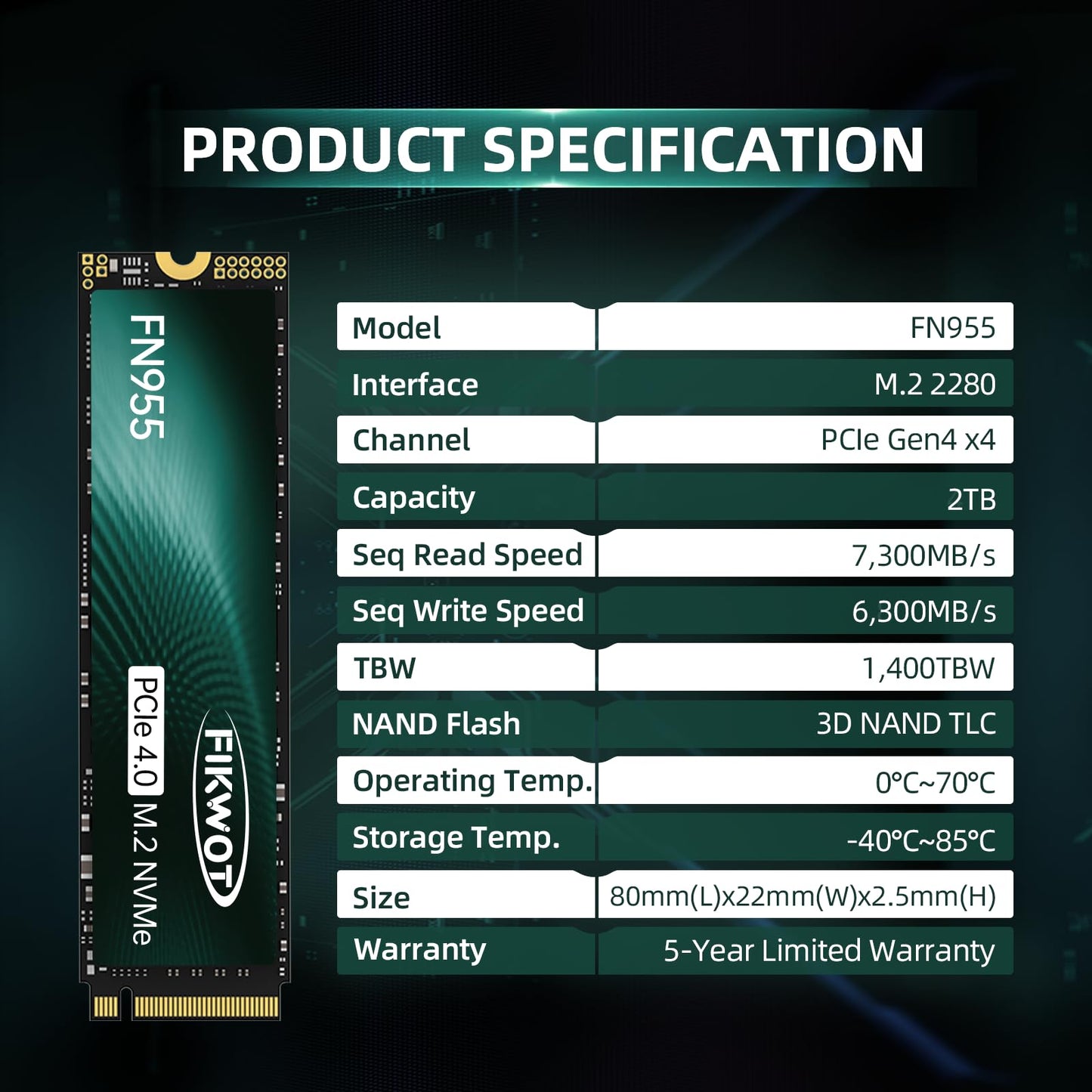 Fikwot FN955 2TB NVMe SSD M.2 2280 PCIe Gen4x4, Up to 7300MB/s, 3D NAND TLC Flash Internal Solid State Drive, Configure SLC Cache, Storage and Memory Expansion for PS5 Laptop Desktop
