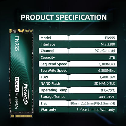 Fikwot FN955 2TB NVMe SSD M.2 2280 PCIe Gen4x4, Up to 7300MB/s, 3D NAND TLC Flash Internal Solid State Drive, Configure SLC Cache, Storage and Memory Expansion for PS5 Laptop Desktop