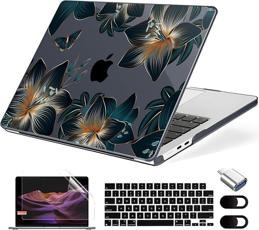 Compatible with MacBook Air 13.6 inch Case, M4 A3240/M3 A3113/M2 A2681 (Released 2025 to 2022), Hard Shell, Keyboard Cover, Screen Protector, Webcam Cover & Type-C Adapter, Golden Lilies