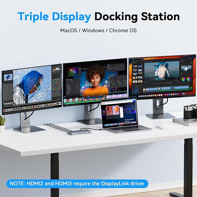 USB C Docking Station 3 Monitors with 120W Power Adapter, 4URPC Displaylink Docking Station 3 HDMI for MacBook/Mac mini M4, Windows, and Chrome with USB C(3 HDMI, 5 USB, Ethernet, SD/microSD)