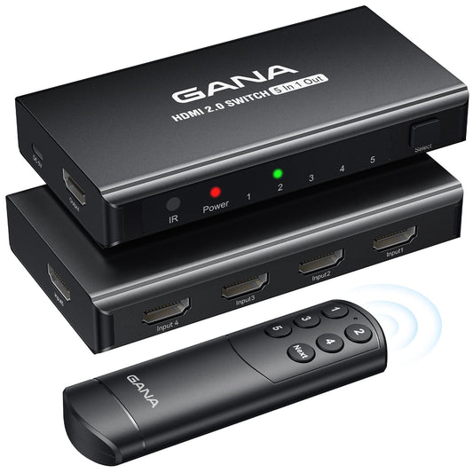 HDMI Switch 5 in 1 Out 4K@60Hz, GANA HDMI Splitter Switcher with Remote, Aluminum HDMI 2.0 Switch Box Hub for 3D, HDCP2.2, HDR, Compatible with Xbox, PS5/4/3,Fire Stick,Roku,Blu-Ray Player, Purple