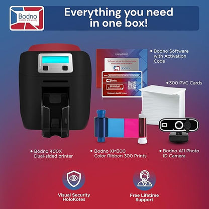 Bodno Magicard 400X Dual Sided ID Card Printer & Complete Supplies Package ID Software - Silver Edition