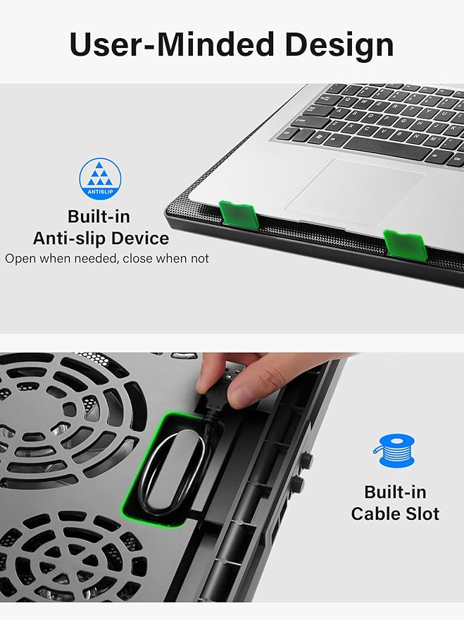 Kootek Laptop Cooling Pad, Laptop Cooler with 5 Quiet Fans for 12"-17" Computer PC Notebook Gaming Laptop Fan, Height Adjustable Laptop Cooling Stand Laptop Accessories, Green