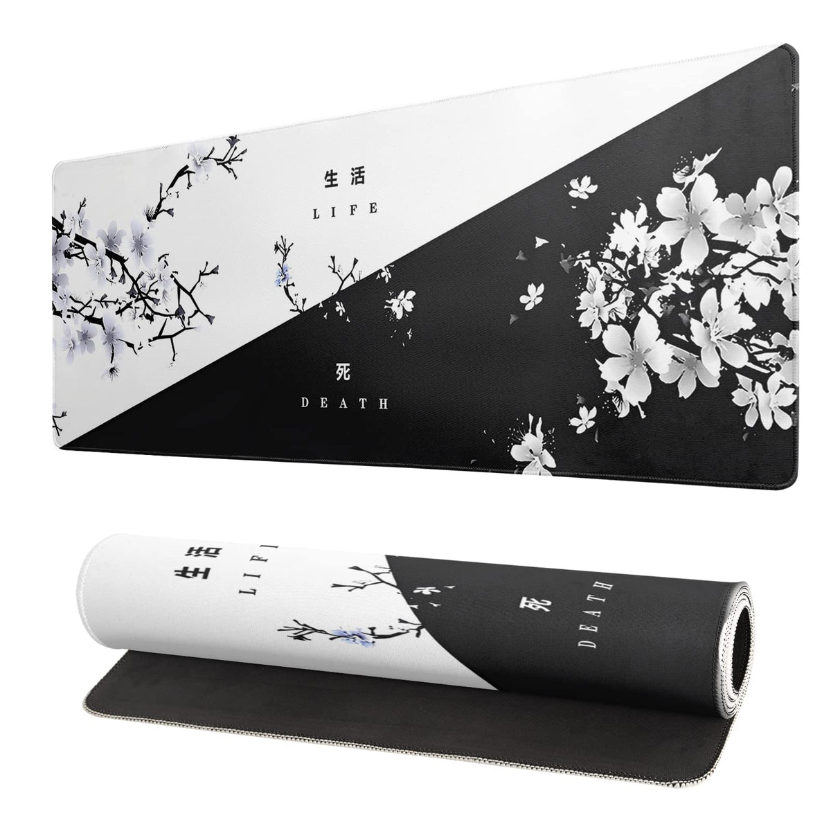 Japanese Gaming Mouse Pad Abstract Black Mouse Pad 31.5x11.8 Inch Black Sea Wave Texture Non-Slip Rubber Base Large Ocean Mousepad Stitched Edges Keyboard Mouse Mat Desk Pad for Office and Home