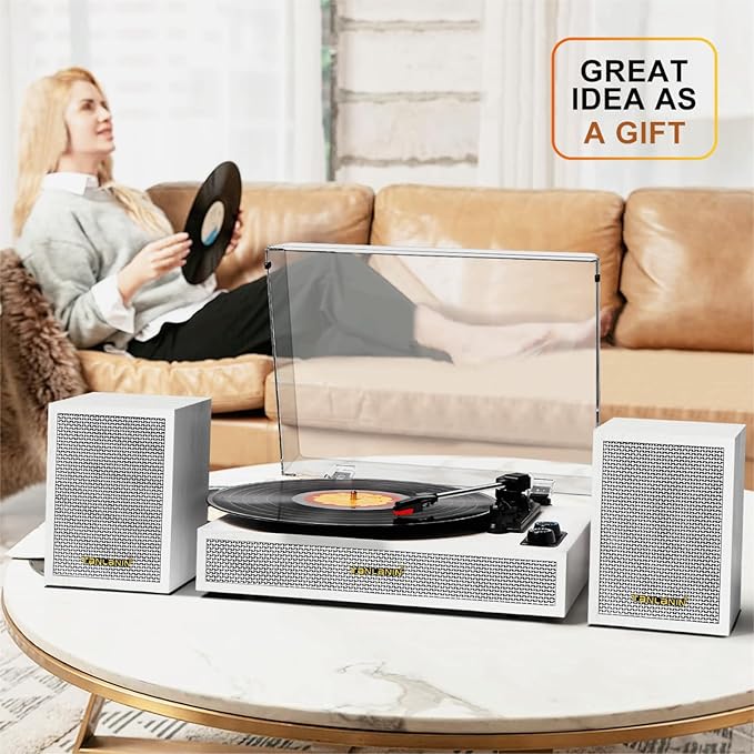 Vinyl Record Player with External Speakers, 3 Speed Vintage Belt Drive Turntable Record Player with Stereo Speakers RCA Audio Out and Aux-in, White Wood